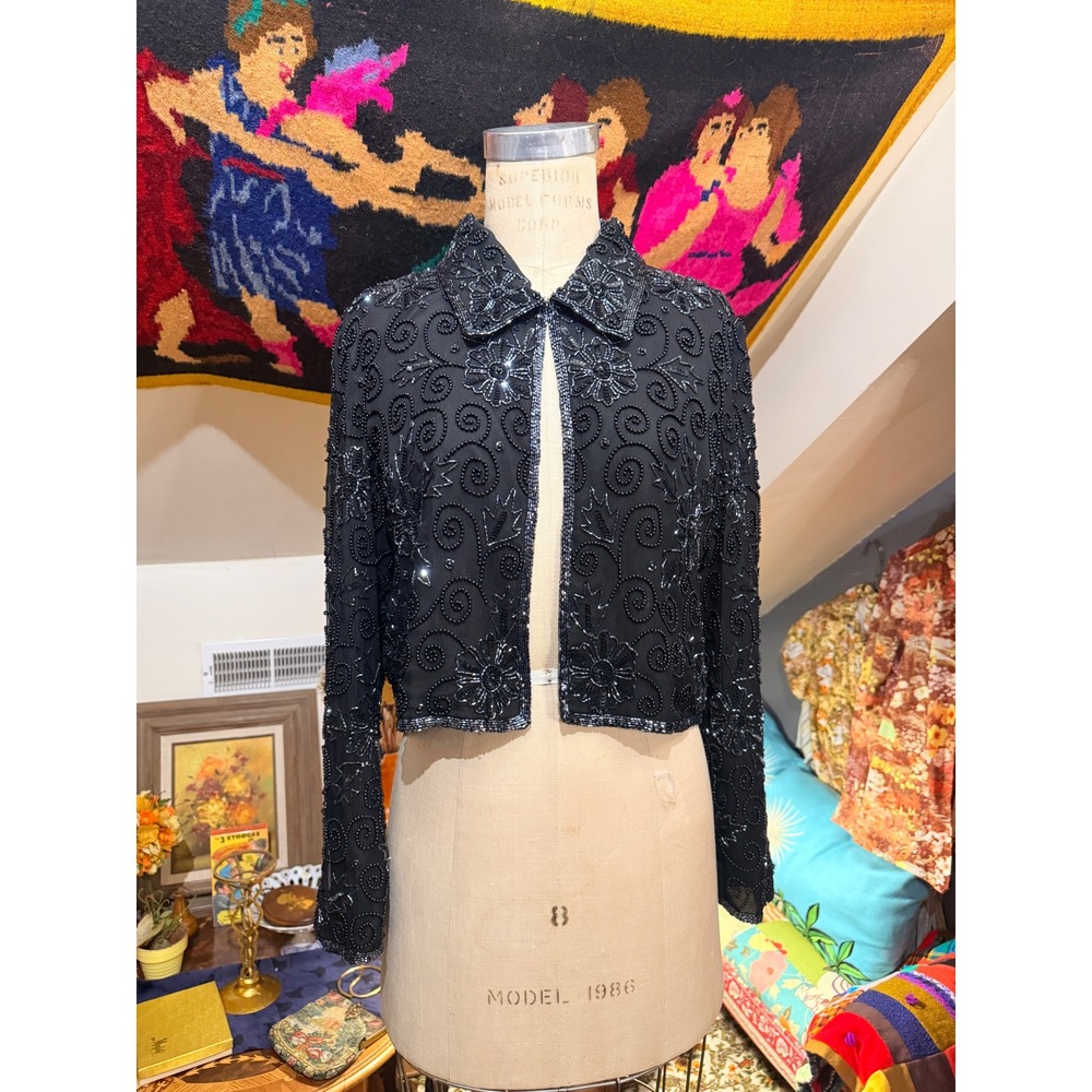 Papell Boutique Evening Black Silk Beaded Bolero Jacket Petite Large PL